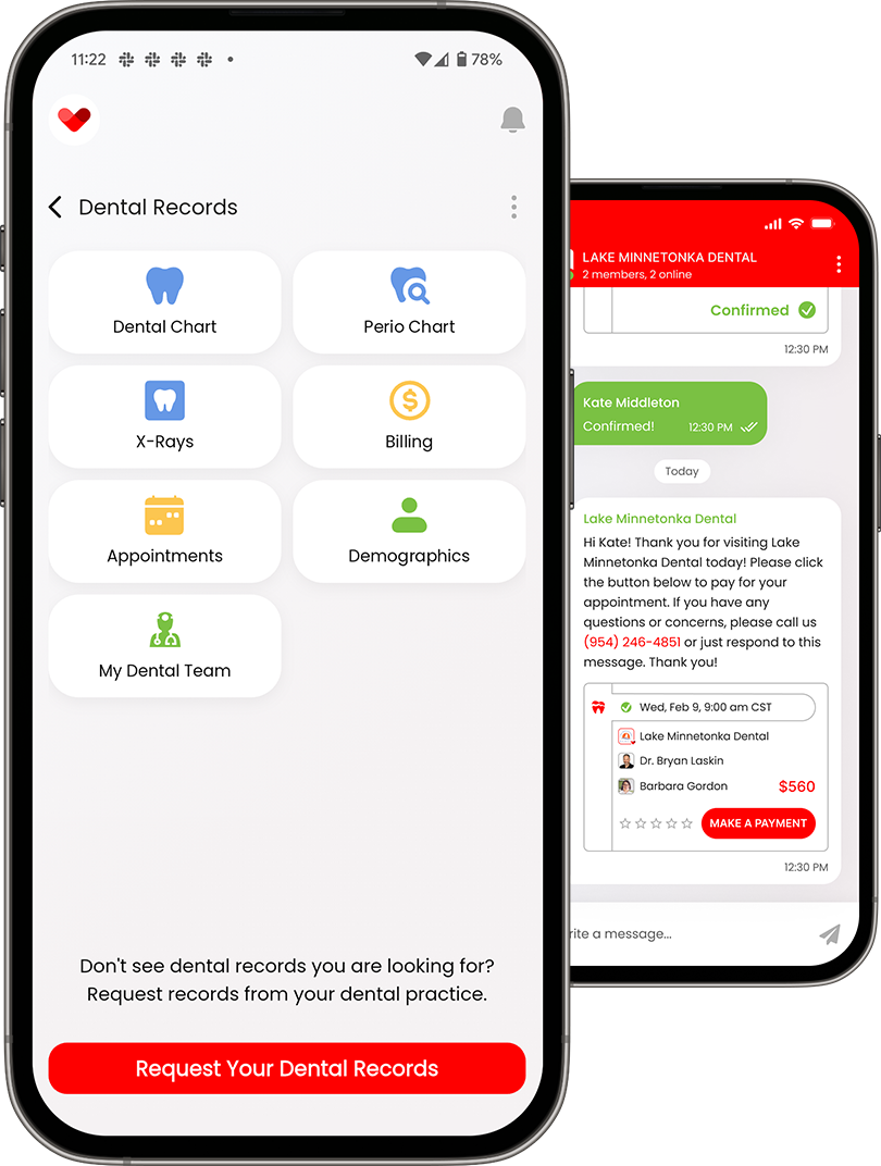 The Cair app showing dental records, billing and messages